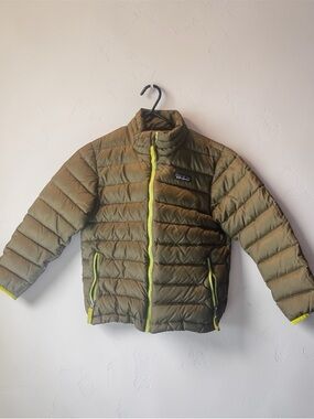 Patagonia Kids Olive Puffer Jacket with Lime Zipper